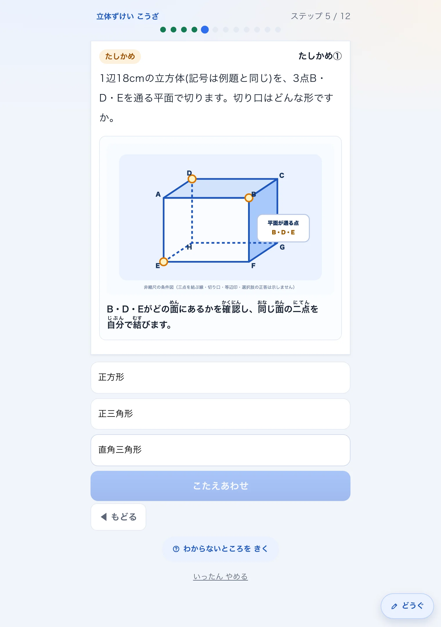 渋谷教育学園幕張中学校向けの講座「立体切断のきほん」のたしかめの画面